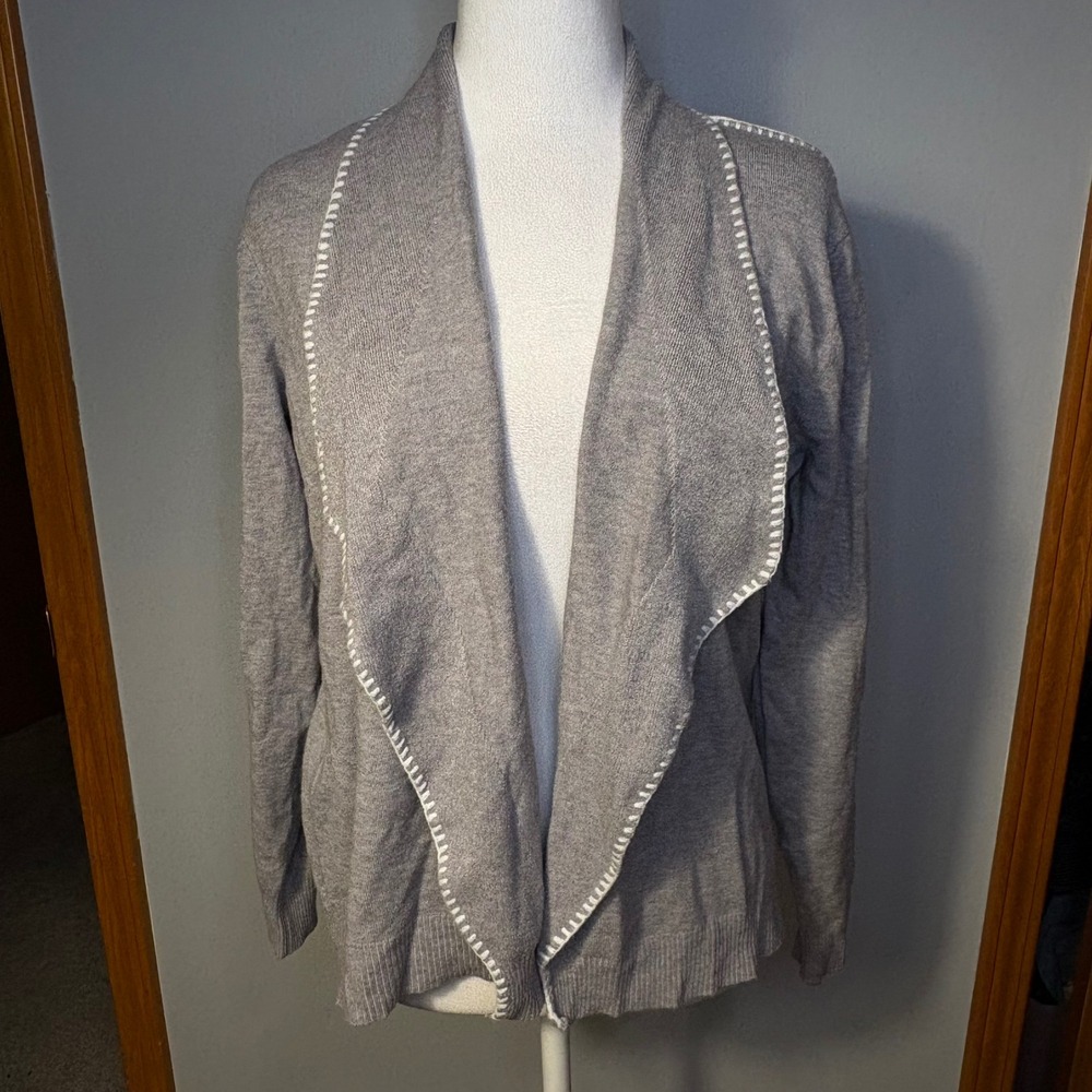 Aaeda Gray Open Front Knit Cardigan‎ Sweater XL Draped Collar Whipstitch Detail